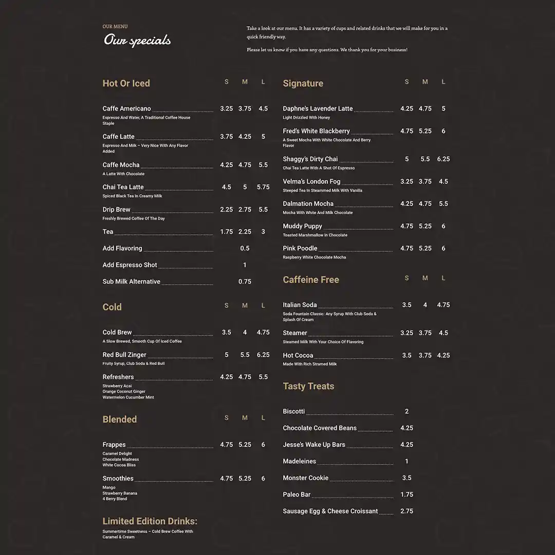 coffee shop menu website design 1